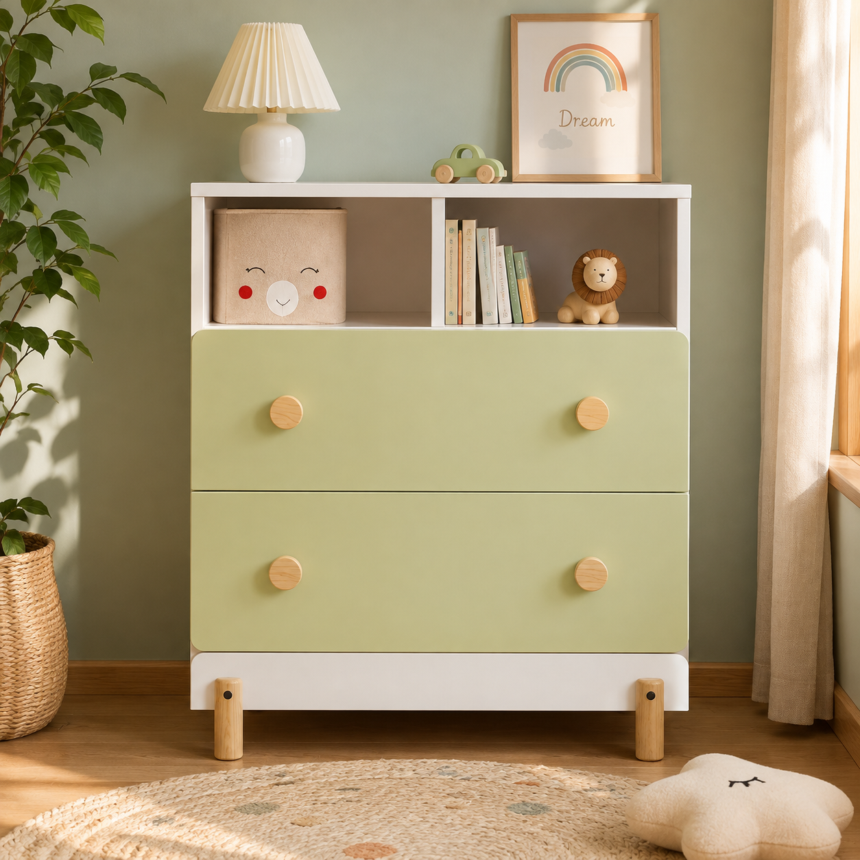 Kids Storage Cabinet in White & Sage Green with Drawers & Open Shelves, Toy & Book Organizer for Kids Bedroom, Nursery, Playroom & Study Area