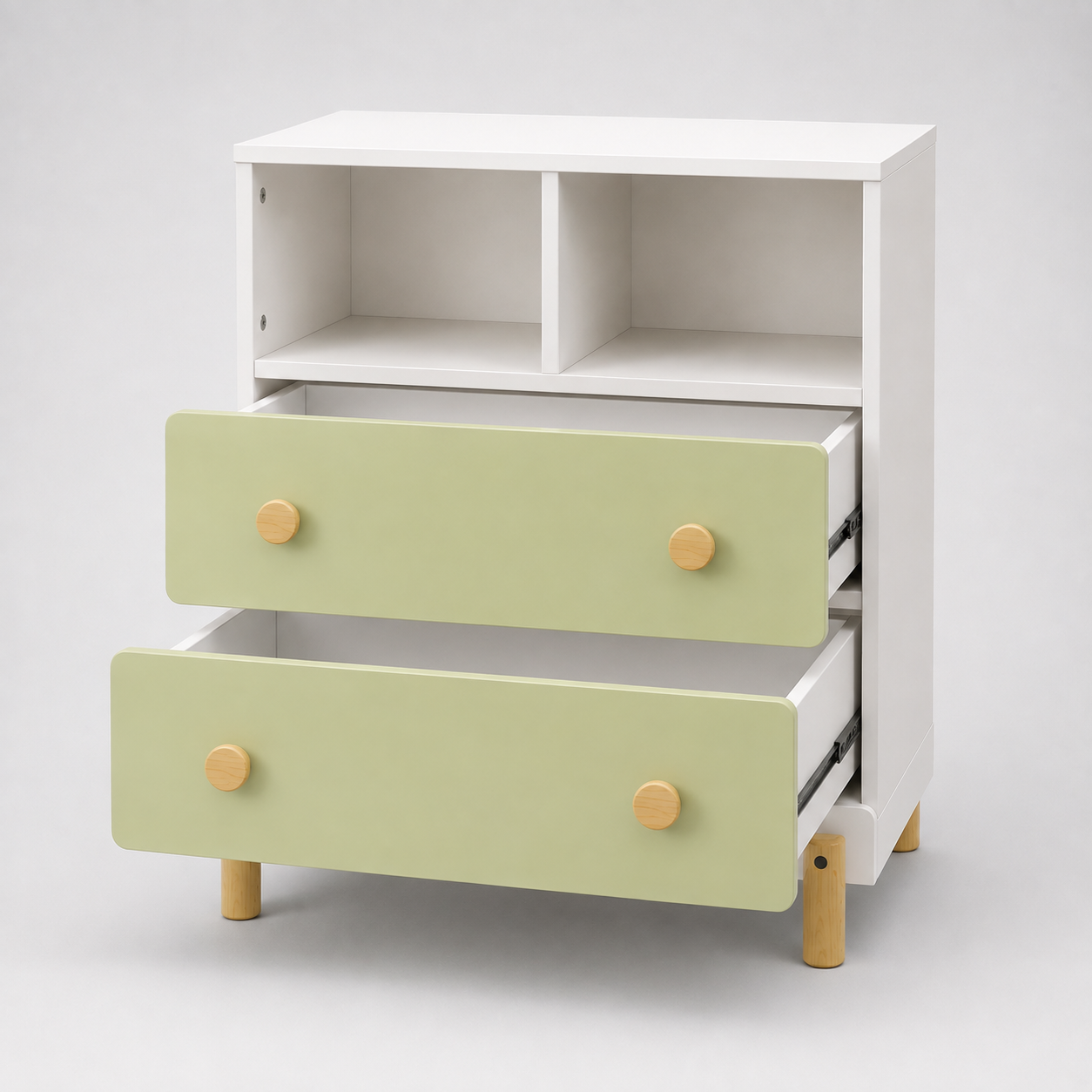 Kids Storage Cabinet in White & Sage Green with Drawers & Open Shelves, Toy & Book Organizer for Kids Bedroom, Nursery, Playroom & Study Area