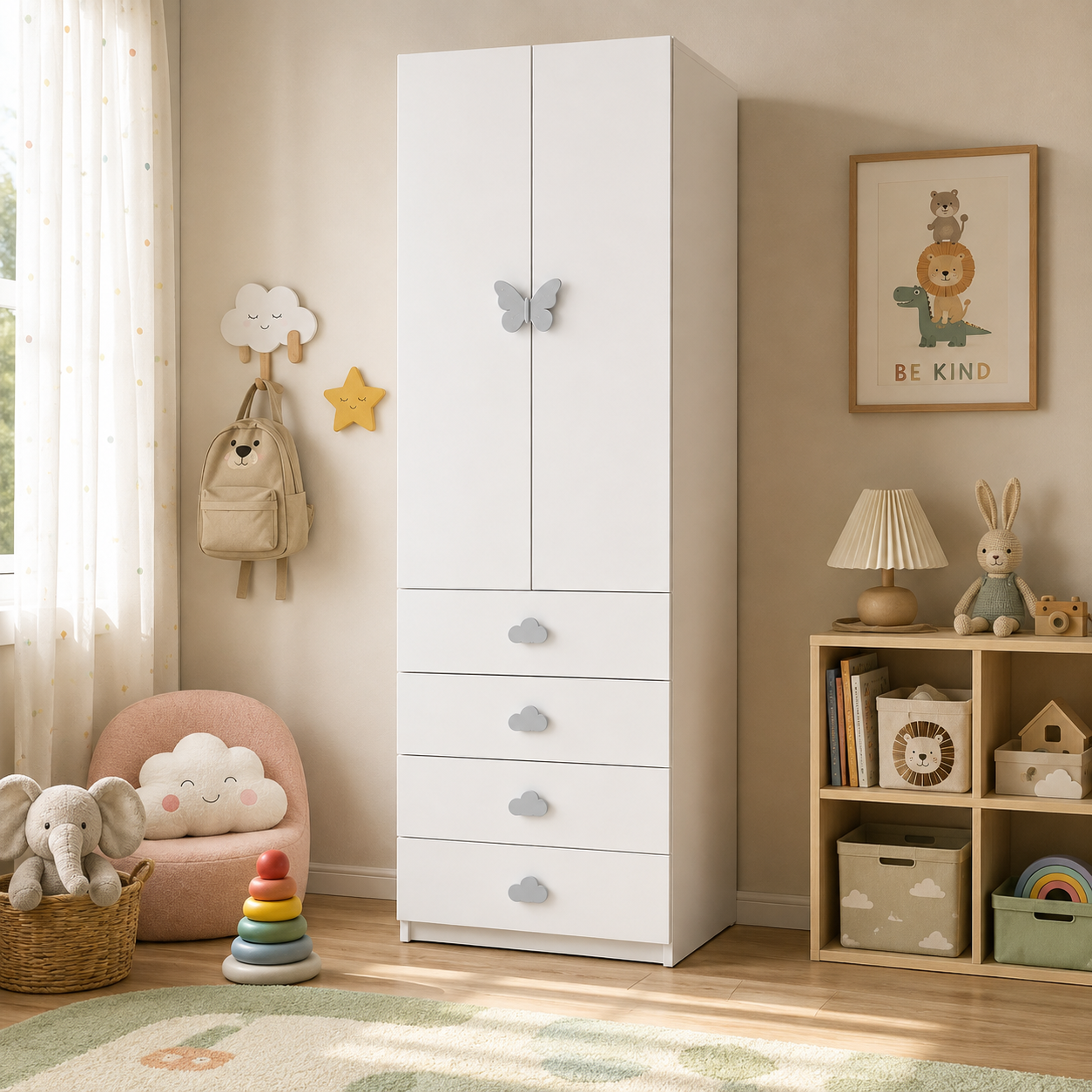 Kids Wardrobe in White with Double Door Hanging Storage & 4 Drawers, Clothes Organizer for Kids Bedroom, Nursery, Playroom & Study Area