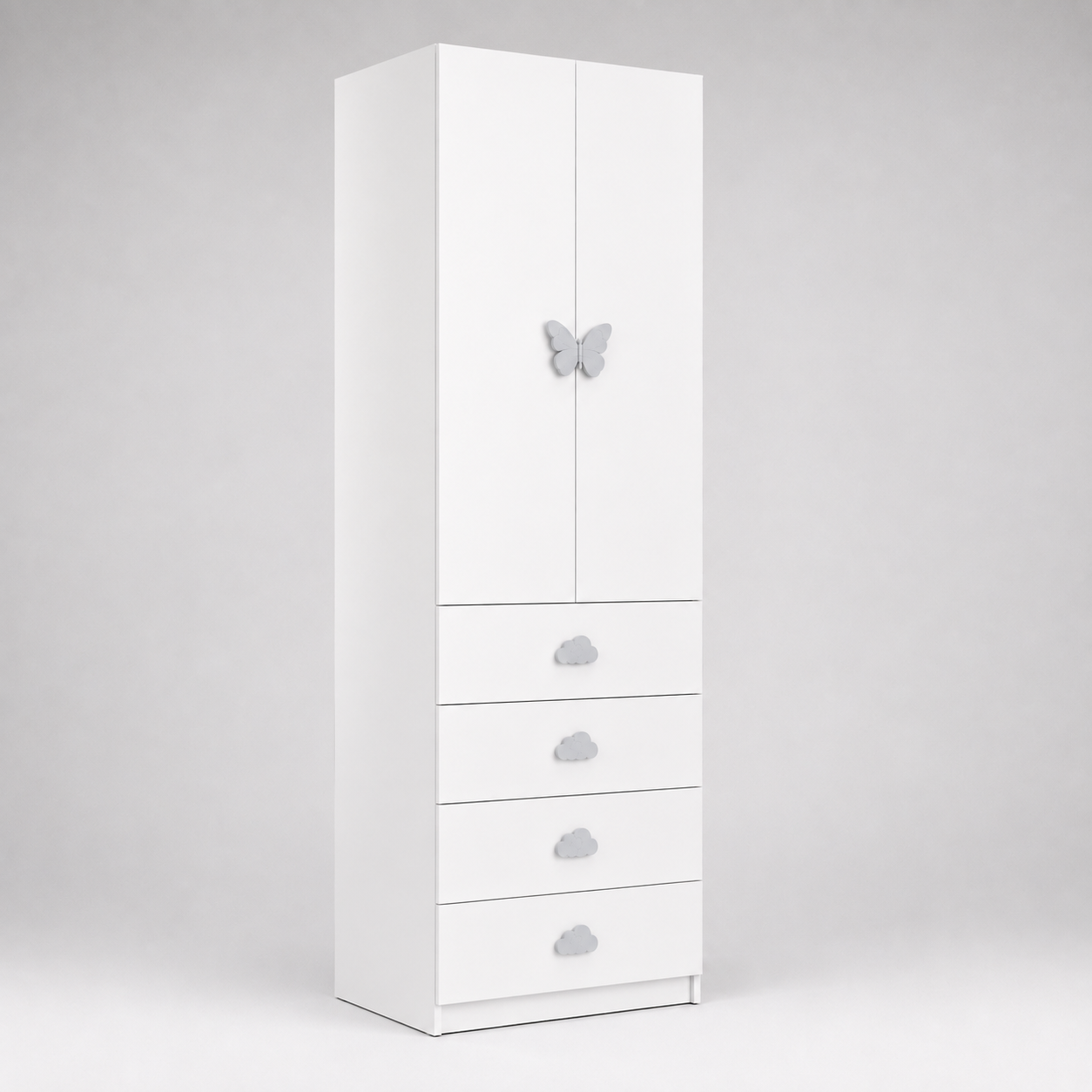 Kids Wardrobe in White with Double Door Hanging Storage & 4 Drawers, Clothes Organizer for Kids Bedroom, Nursery, Playroom & Study Area