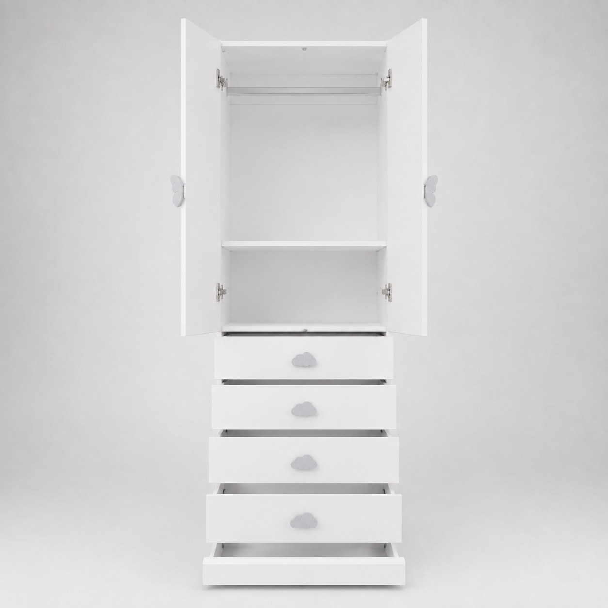 Kids Wardrobe in White with Double Door Hanging Storage & 4 Drawers, Clothes Organizer for Kids Bedroom, Nursery, Playroom & Study Area
