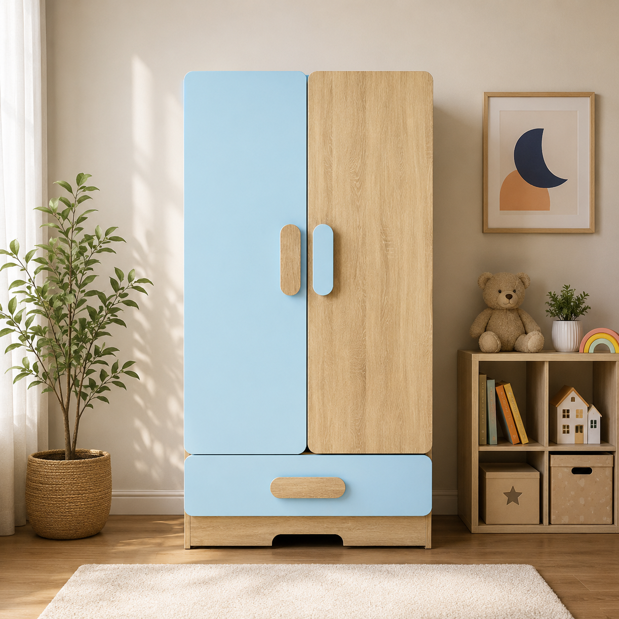 Kids Wardrobe in Wooden & Sky Blue Finish with Double Door Storage & Bottom Drawer, Clothes Organizer for Kids Bedroom, Nursery & Playroom