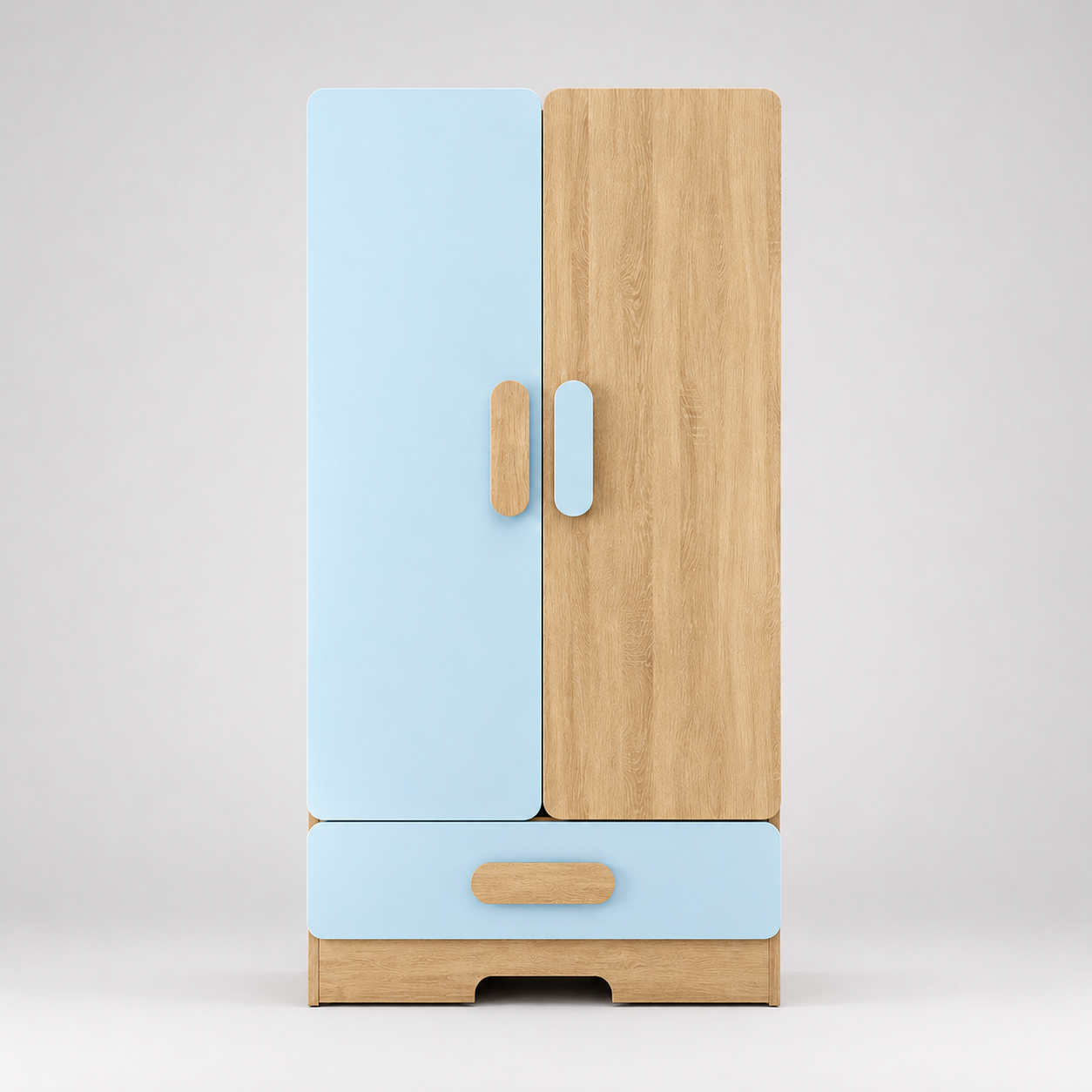 Kids Wardrobe in Wooden & Sky Blue Finish with Double Door Storage & Bottom Drawer, Clothes Organizer for Kids Bedroom, Nursery & Playroom