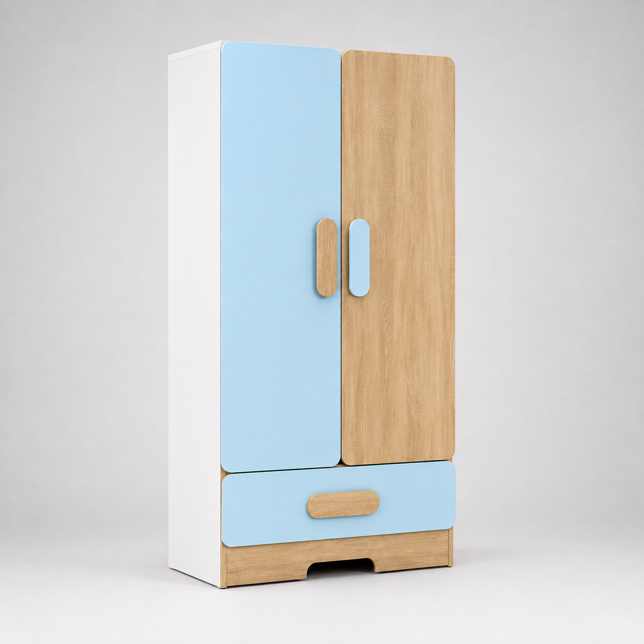 Kids Wardrobe in Wooden & Sky Blue Finish with Double Door Storage & Bottom Drawer, Clothes Organizer for Kids Bedroom, Nursery & Playroom