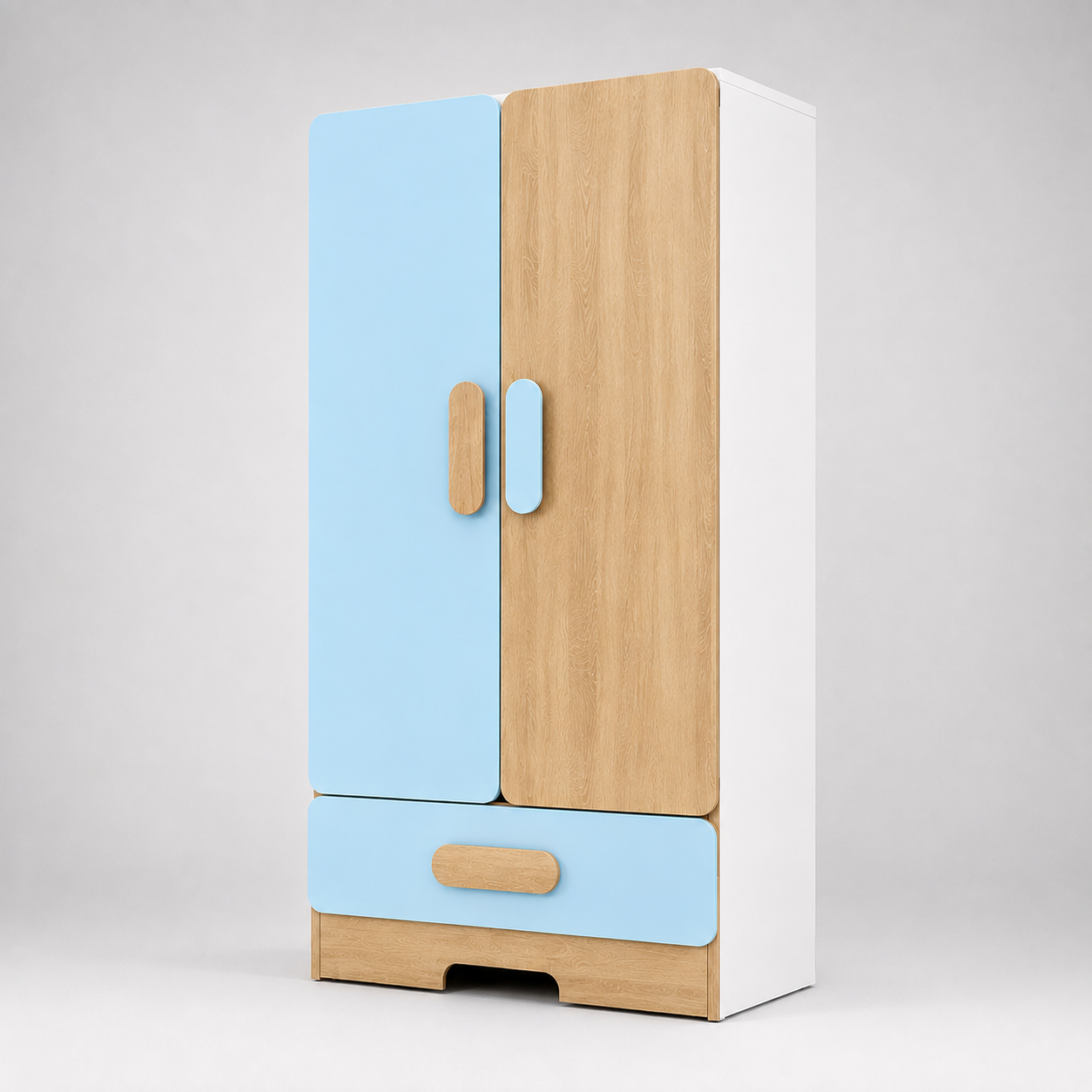 Kids Wardrobe in Wooden & Sky Blue Finish with Double Door Storage & Bottom Drawer, Clothes Organizer for Kids Bedroom, Nursery & Playroom