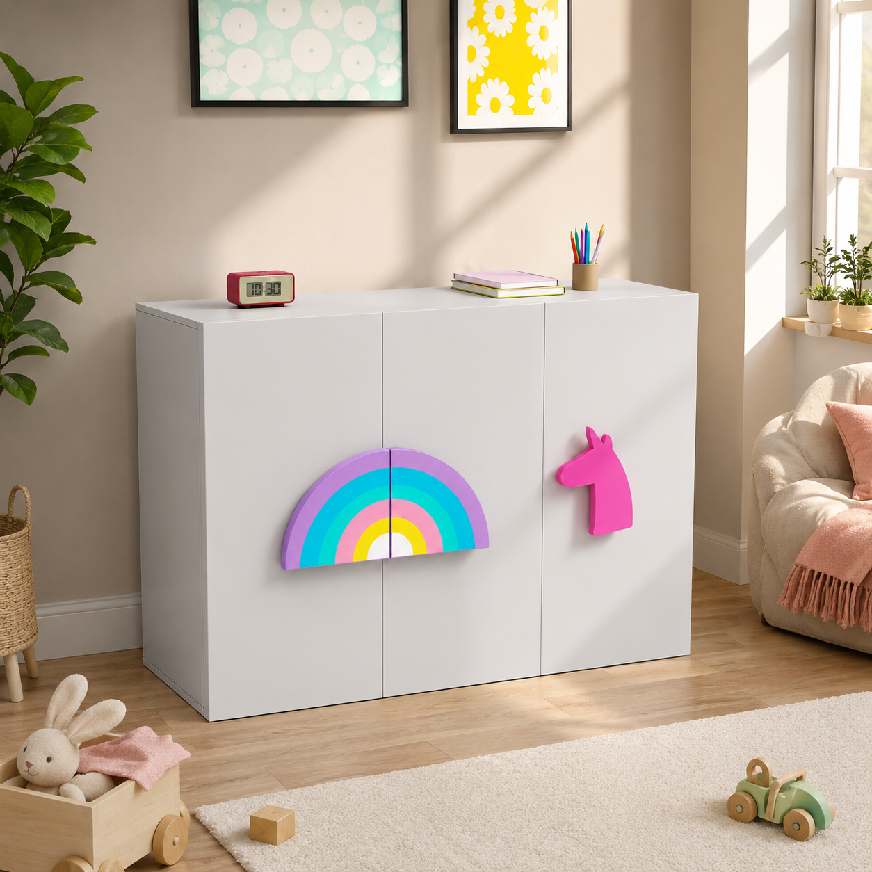 Kids Storage Cabinet in White with Double Door Storage, Rainbow & Unicorn Organizer for Kids Bedroom, Nursery, Playroom & Study Area