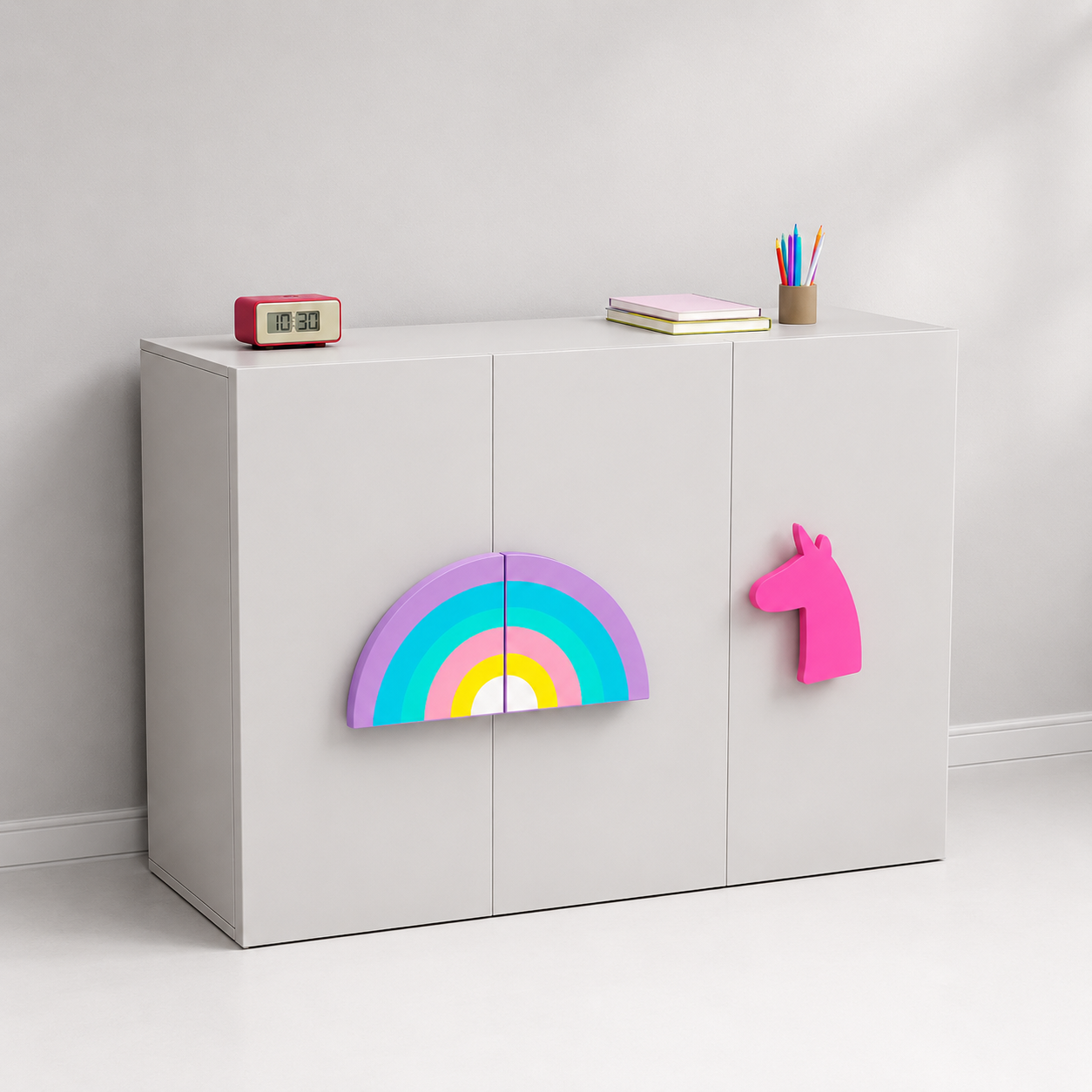 Kids Storage Cabinet in White with Double Door Storage, Rainbow & Unicorn Organizer for Kids Bedroom, Nursery, Playroom & Study Area