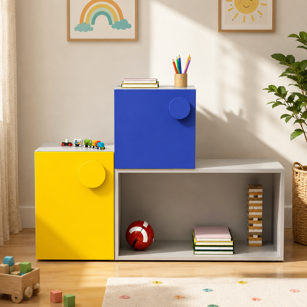 Kids Storage Cabinet in White with Yellow & Blue Doors, Open Shelf Organizer for Kids Bedroom, Nursery, Playroom & Study Area