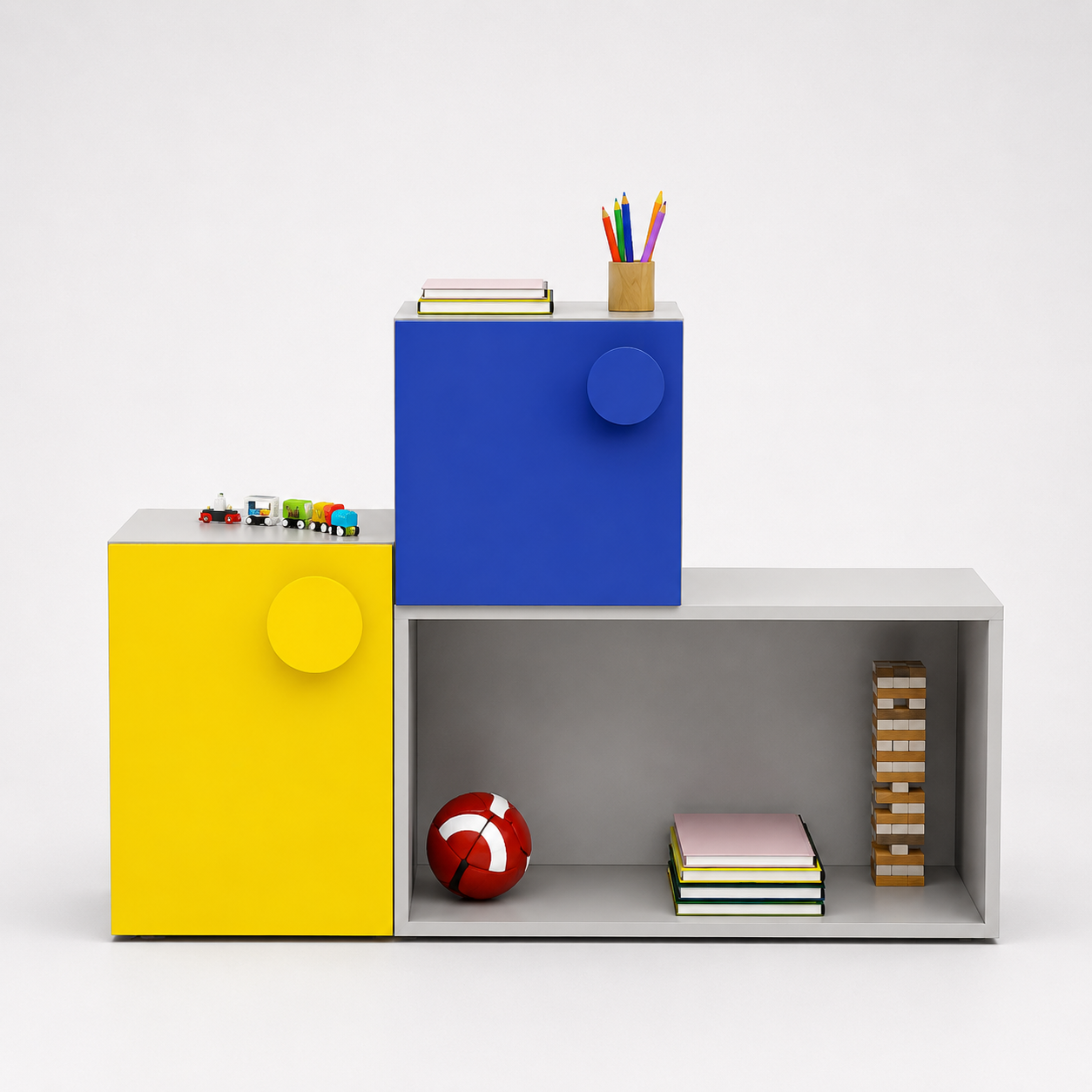 Kids Storage Cabinet in White with Yellow & Blue Doors, Open Shelf Organizer for Kids Bedroom, Nursery, Playroom & Study Area