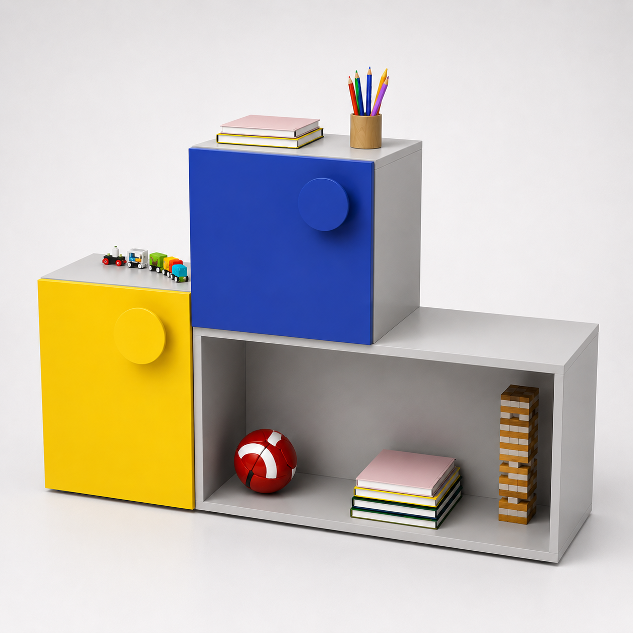 Kids Storage Cabinet in White with Yellow & Blue Doors, Open Shelf Organizer for Kids Bedroom, Nursery, Playroom & Study Area