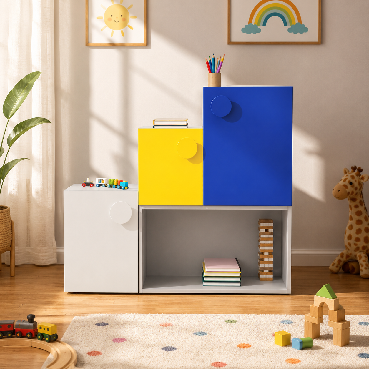 Kids Storage Cabinet in White with Yellow & Blue Doors, Open Shelf Organizer for Kids Bedroom, Playroom & Study Area