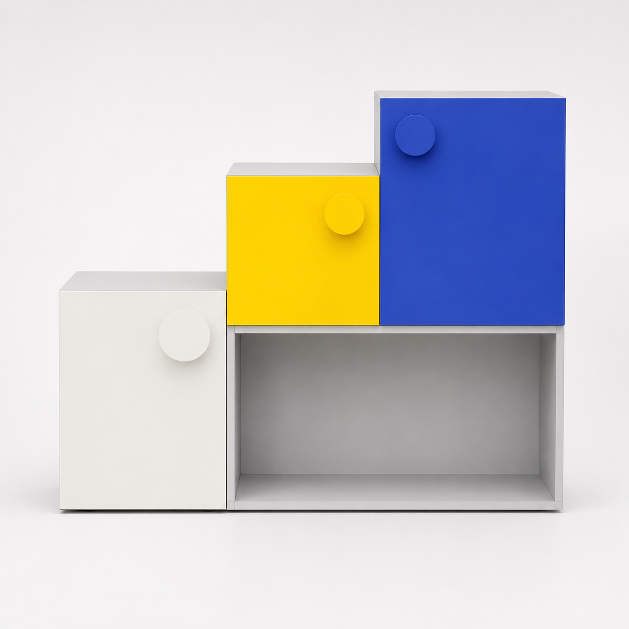 Kids Storage Cabinet in White with Yellow & Blue Doors, Open Shelf Organizer for Kids Bedroom, Playroom & Study Area