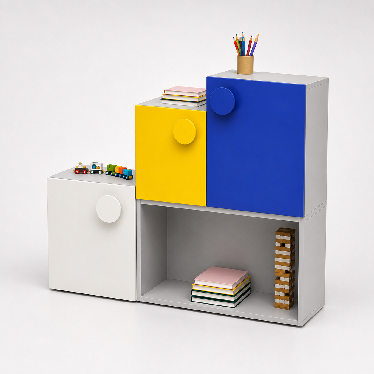Kids Storage Cabinet in White with Yellow & Blue Doors, Open Shelf Organizer for Kids Bedroom, Playroom & Study Area