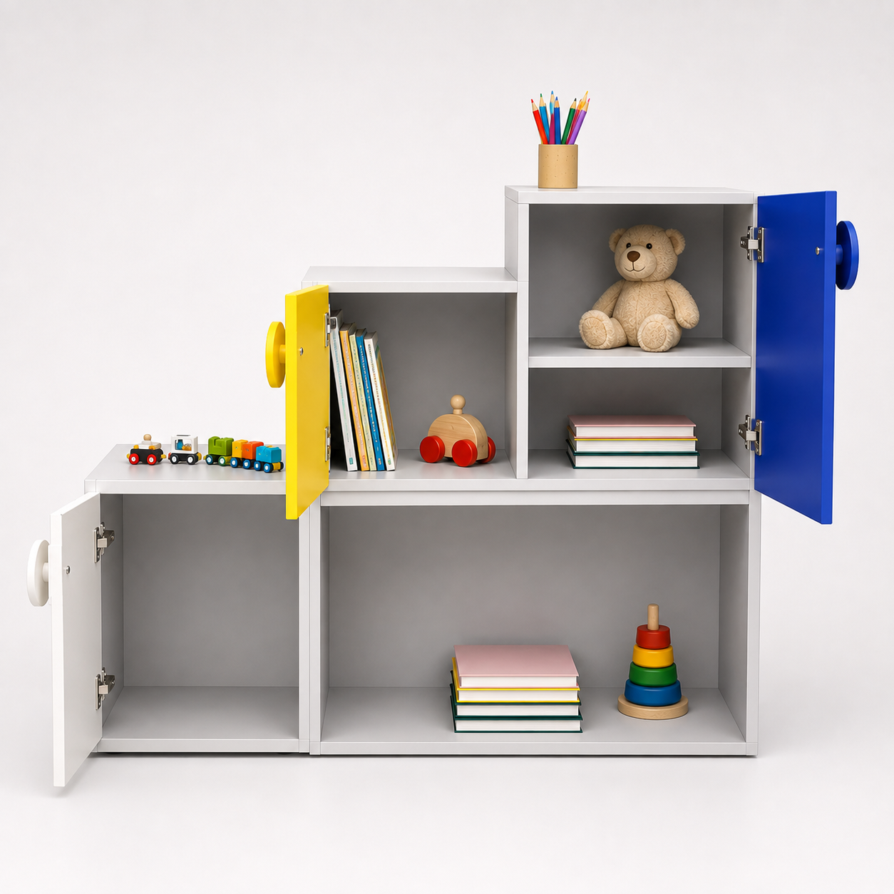Kids Storage Cabinet in White with Yellow & Blue Doors, Open Shelf Organizer for Kids Bedroom, Playroom & Study Area