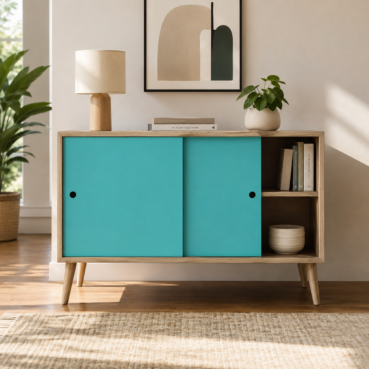 Kids Storage Cabinet in Wooden Finish with Sliding Doors & Open Shelves, Toy & Book Organizer for Kids Bedroom, Nursery, Playroom & Study Area