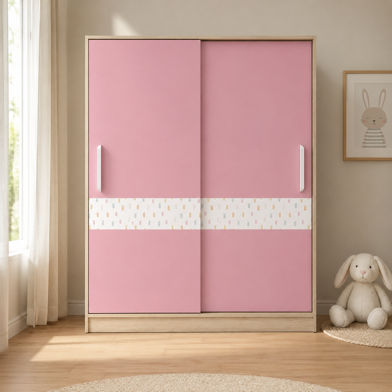Kids Wardrobe in Wooden & Pink Finish with Sliding Doors, Hanging Storage & Shelves for Kids Bedroom, Nursery & Playroom
