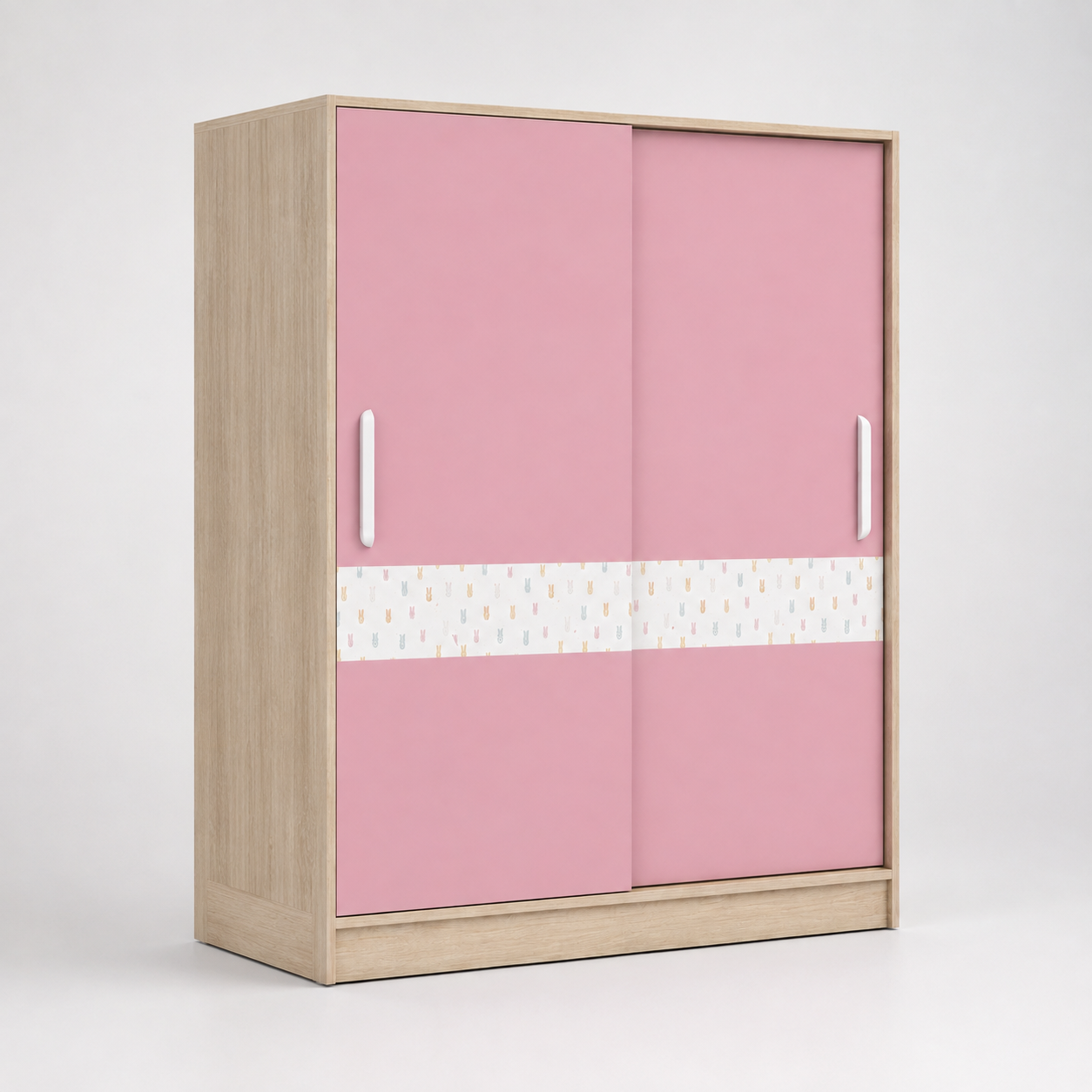 Kids Wardrobe in Wooden & Pink Finish with Sliding Doors, Hanging Storage & Shelves for Kids Bedroom, Nursery & Playroom