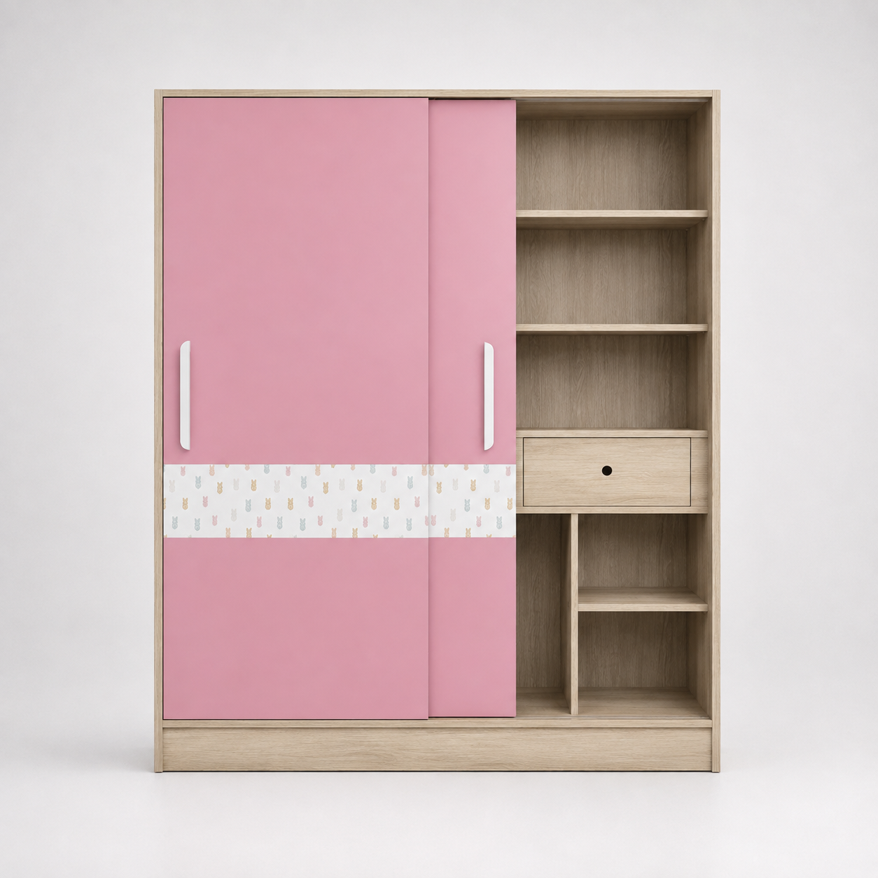 Kids Wardrobe in Wooden & Pink Finish with Sliding Doors, Hanging Storage & Shelves for Kids Bedroom, Nursery & Playroom