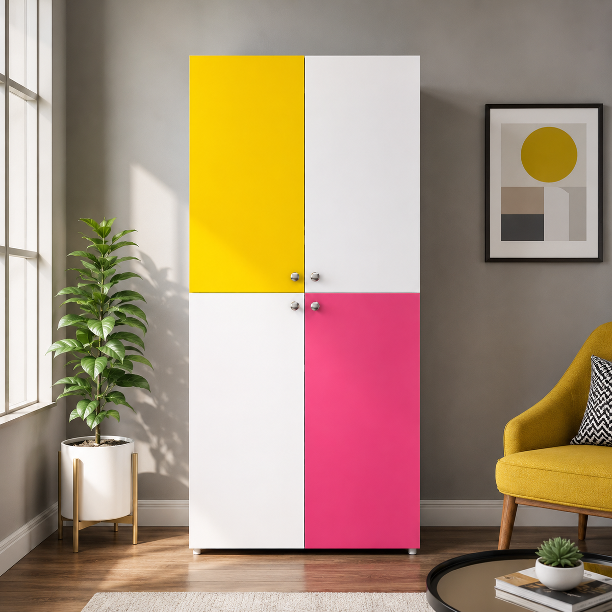 Kids Wardrobe in White with Yellow & Pink Double Door Storage for Kids Bedroom, Nursery & Playroom