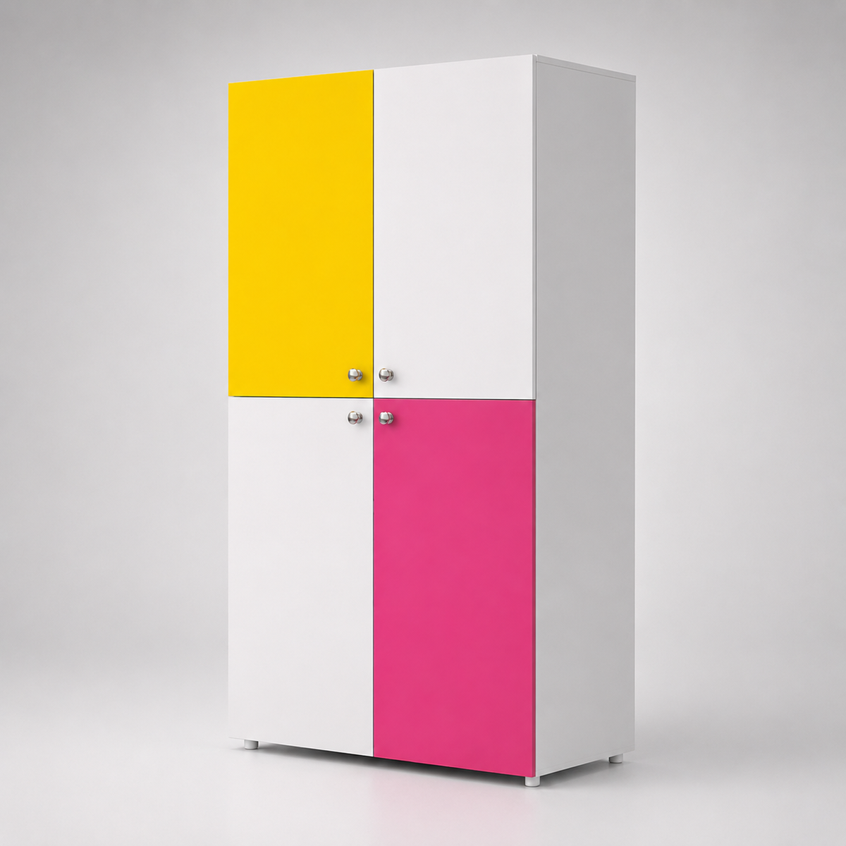 Kids Wardrobe in White with Yellow & Pink Double Door Storage for Kids Bedroom, Nursery & Playroom