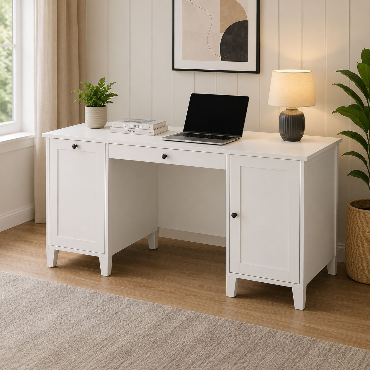 Office Desk and Computer Multi Drawer Table Made In Solid Pine & Fibreboard, Printed Acrylic Paint