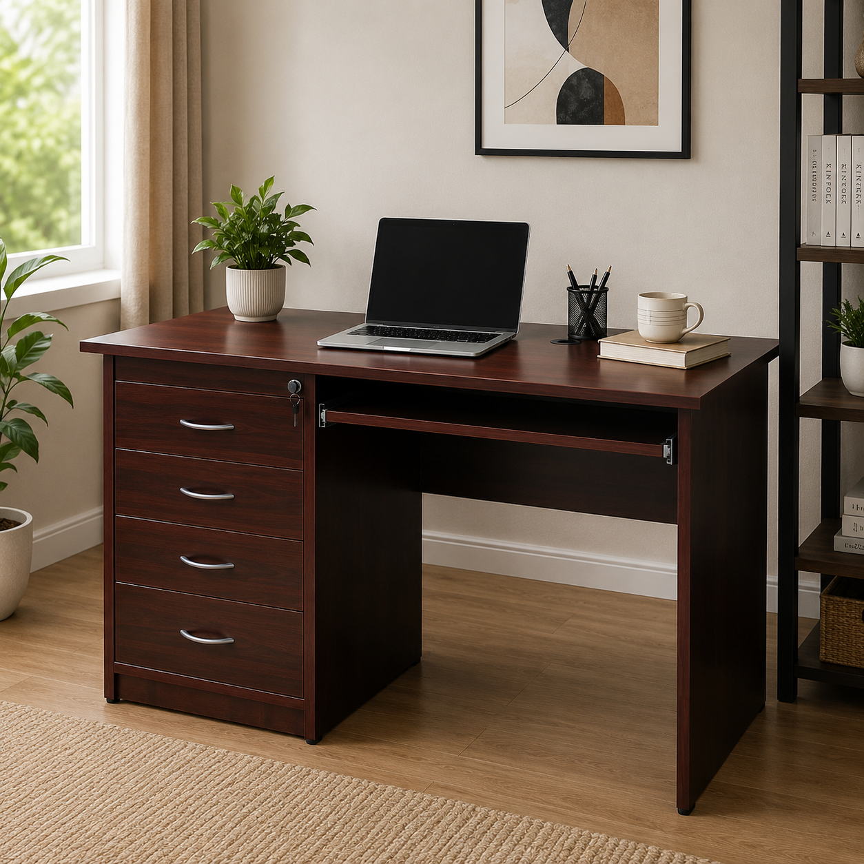 Office Desk and Computer Table with Keyword Tray and Wire Manager Dark Brown Color