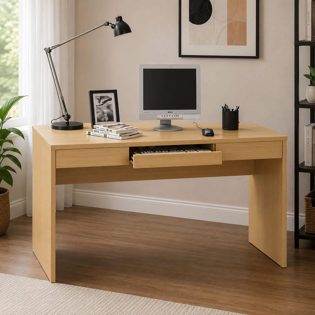 Office desk and Computer Table Fitted with Easy slider keyboard shelf made in Pre laminated  particle Board white Brown