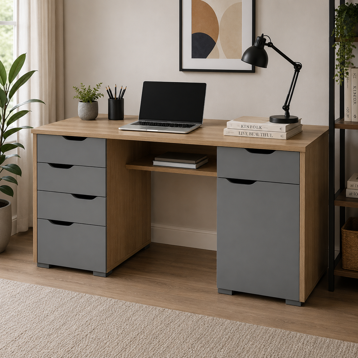 Home and Office Computer Table Made In MDF with Drawer, A Large Cupboard with Internal Shelf, and Additional Under Desk Storage