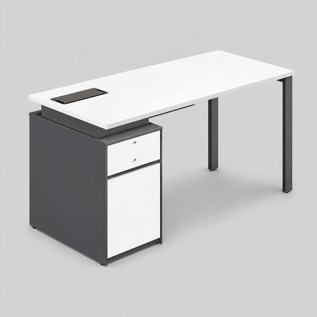 Office Computer Table Made in MDF with Storage Pedestal & Drawer with Lock and Elegant Arm White Mete or Gray Combination