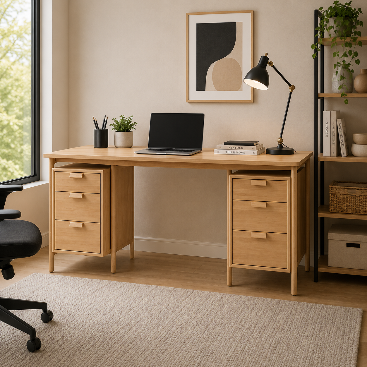 Office Computer Table Made in MDF with 4 Drawers Nordic Design & Functional Storage - Brown Color