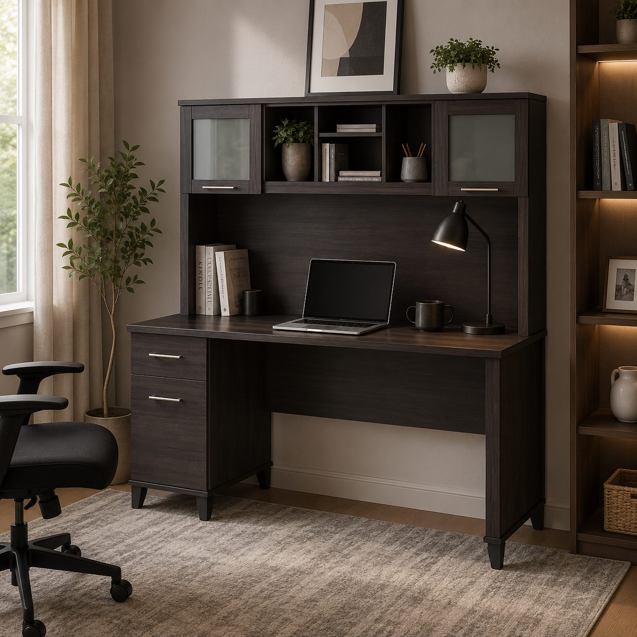 Office Computer and Study Table Made In Pre-Laminated Board Drawers and Hutch and 5-Shelf Bookcase