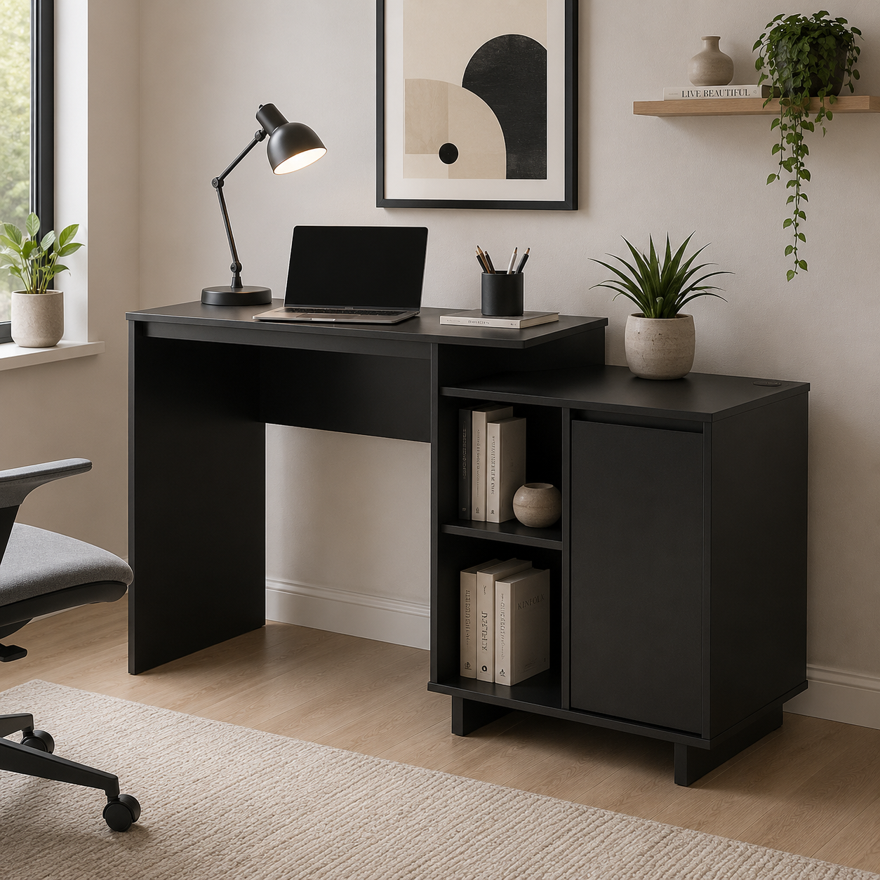 Office Computer and study table made in Pre-laminated board Drawers and Bookcase- Black Color