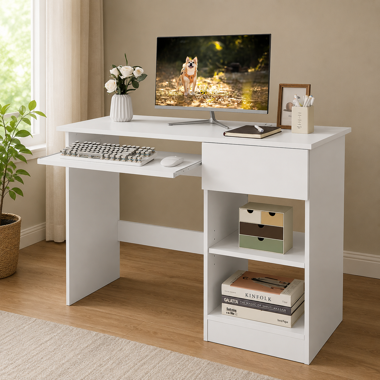 Home and Office Computer Table Made a Particle Board with Keyboard Tray & Bookshelf, Adjustable Shelf- White Color
