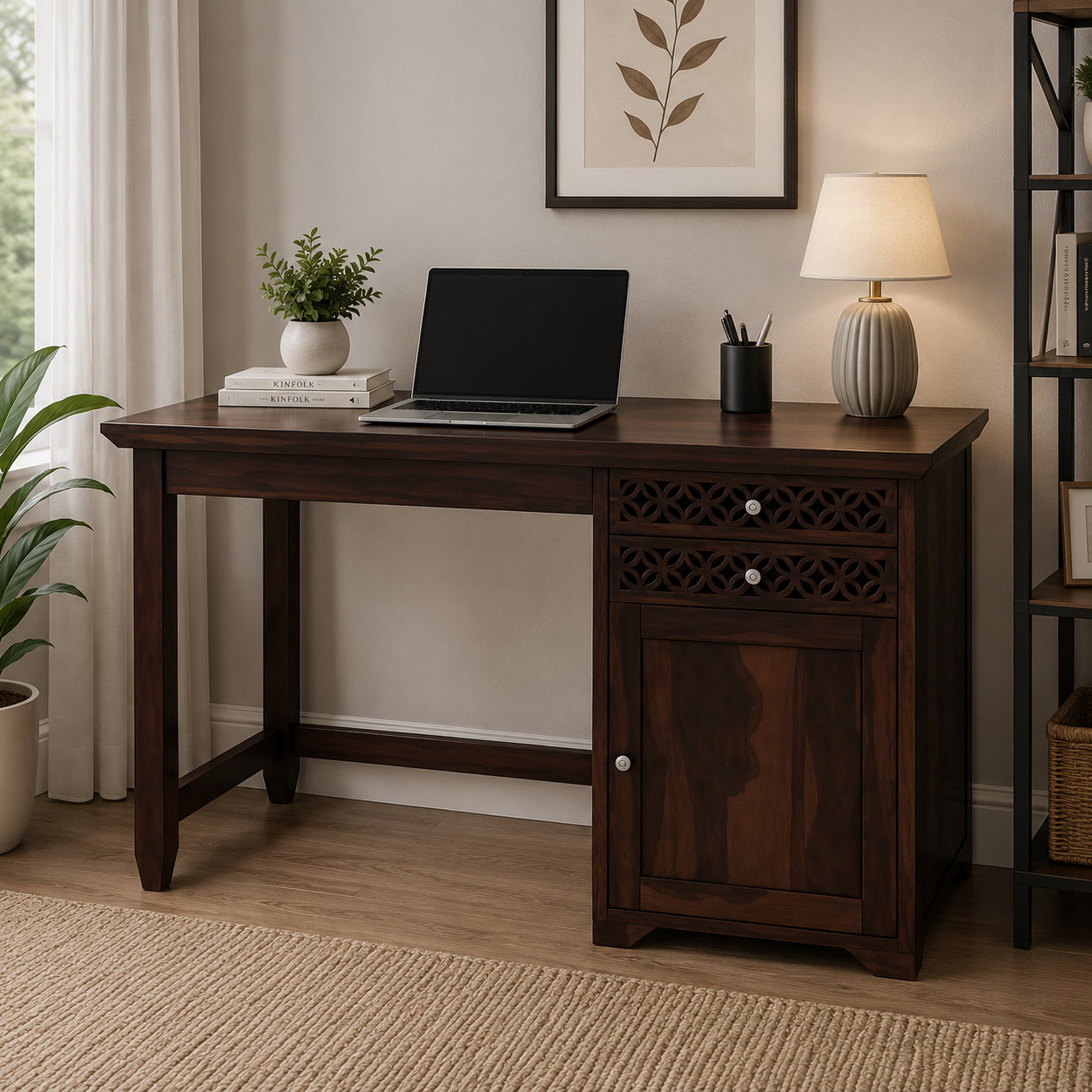 Home Office Computer Table Made in Plywood Writing Desk with 2 Storage Drawers and 1 Cabinet