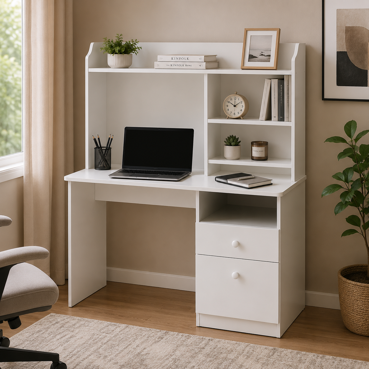 Computer Table Made In Particle Board with Drawer, 1 Storage & Book Case- White Color