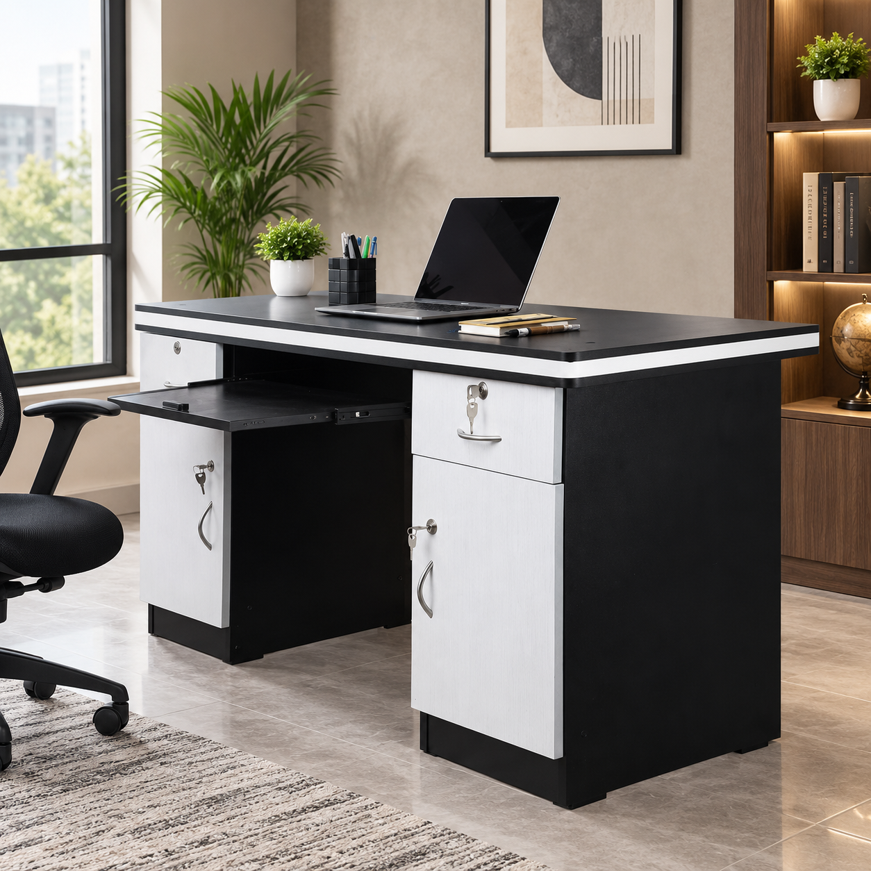 Office Computer Table with Keyboard Tray Made High Grade Panel Machine White and Black