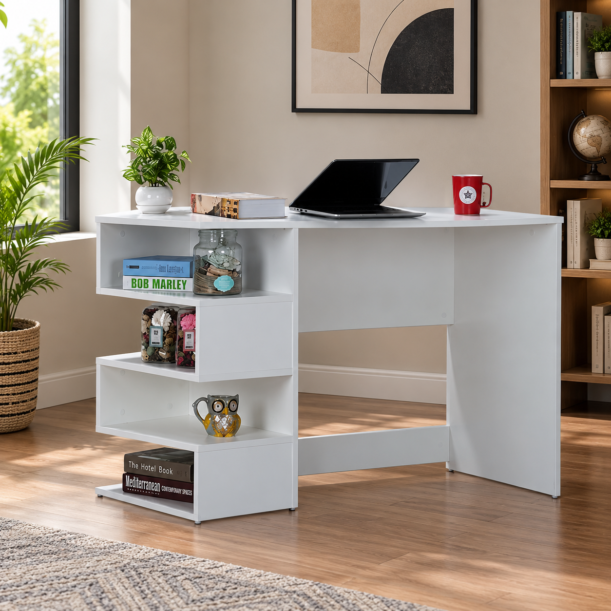 Office Desk and Computer Table with Side Book Storage White Color