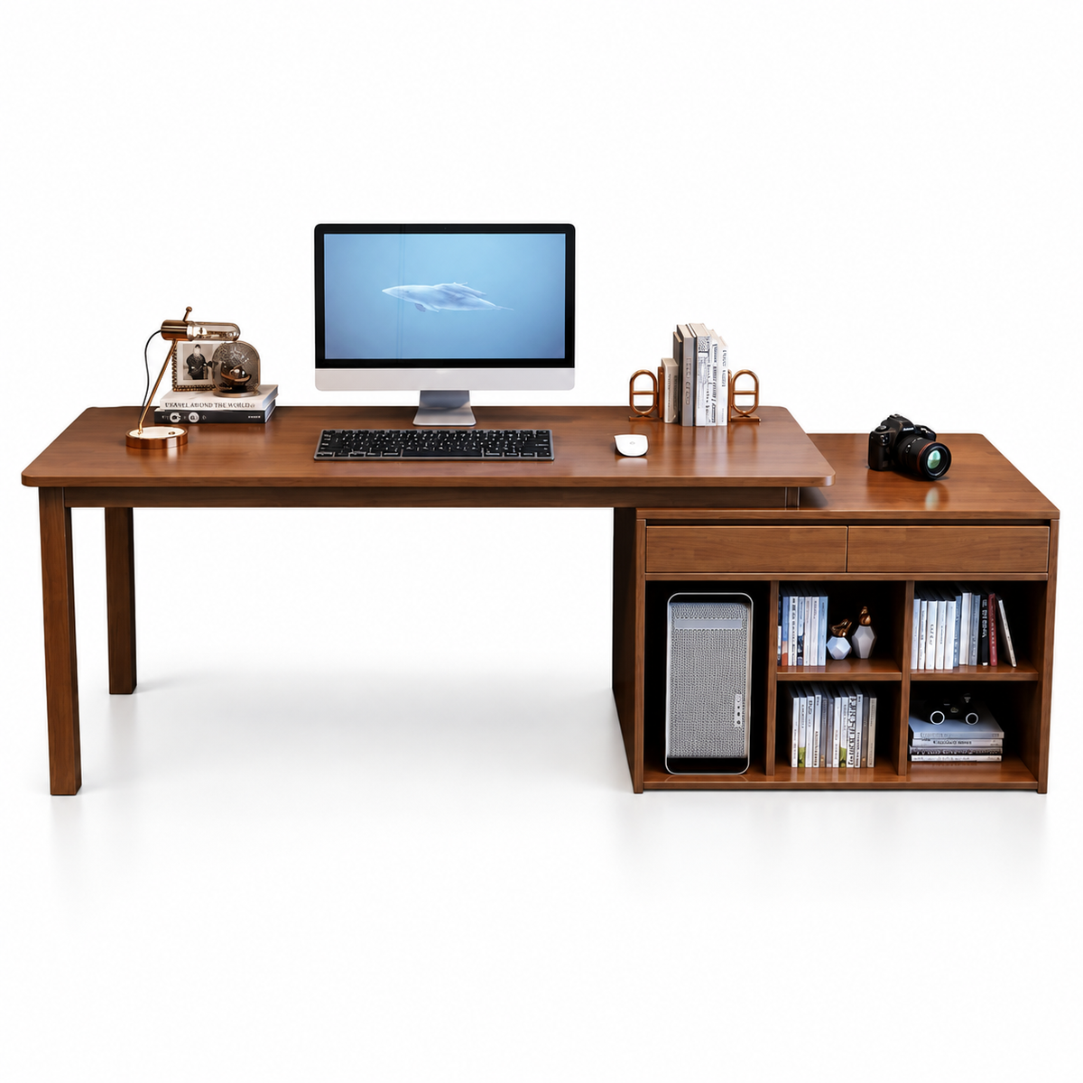Modern Wooden Computer Table and Study Desk with Side Storage, Open Bookshelves and Drawer for Home Office and Workstation