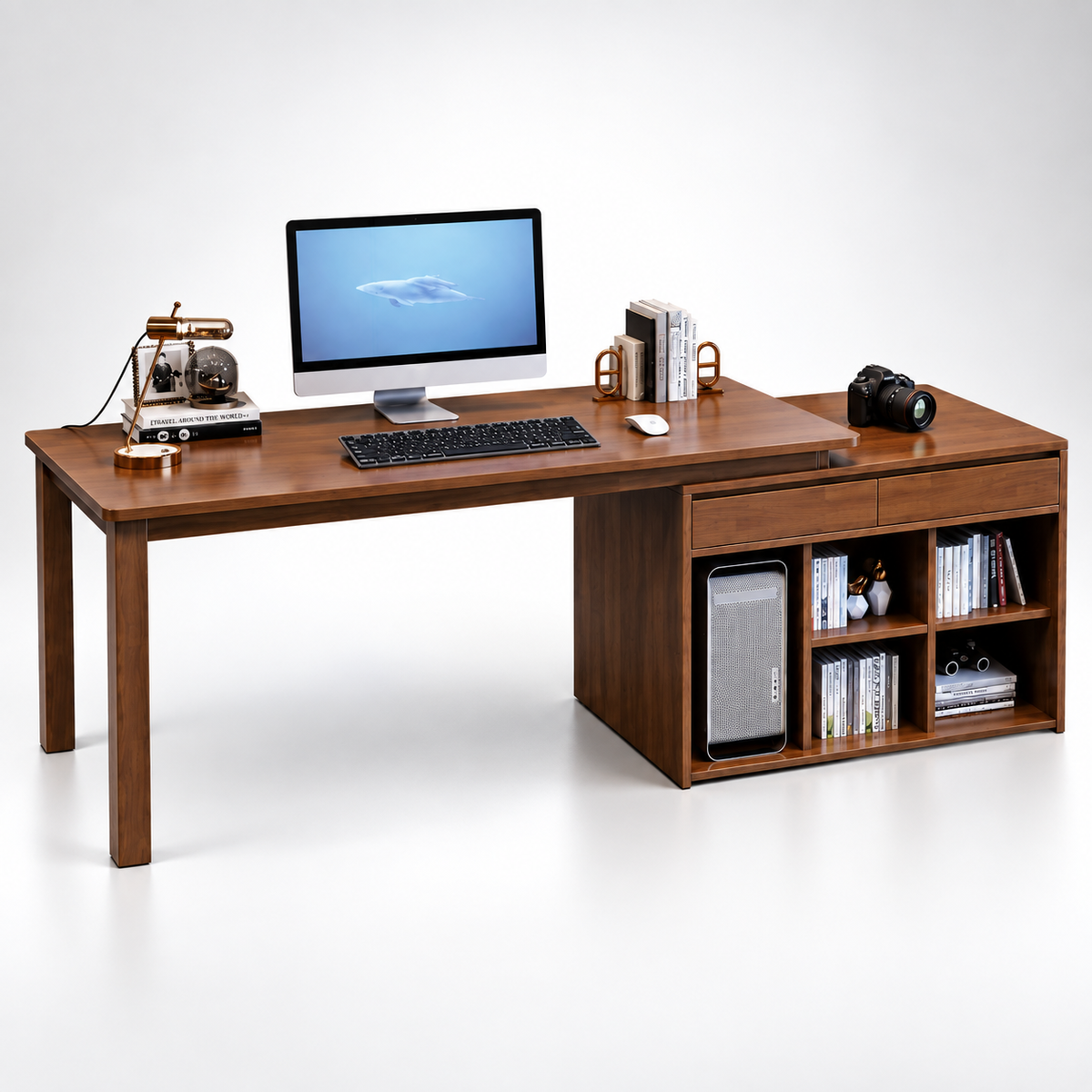 Modern Wooden Computer Table and Study Desk with Side Storage, Open Bookshelves and Drawer for Home Office and Workstation
