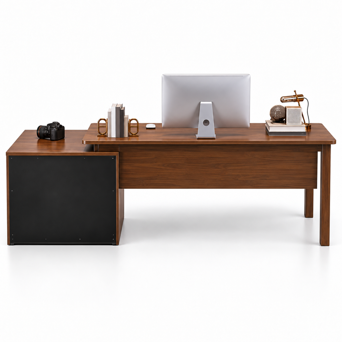 Modern Wooden Computer Table and Study Desk with Side Storage, Open Bookshelves and Drawer for Home Office and Workstation
