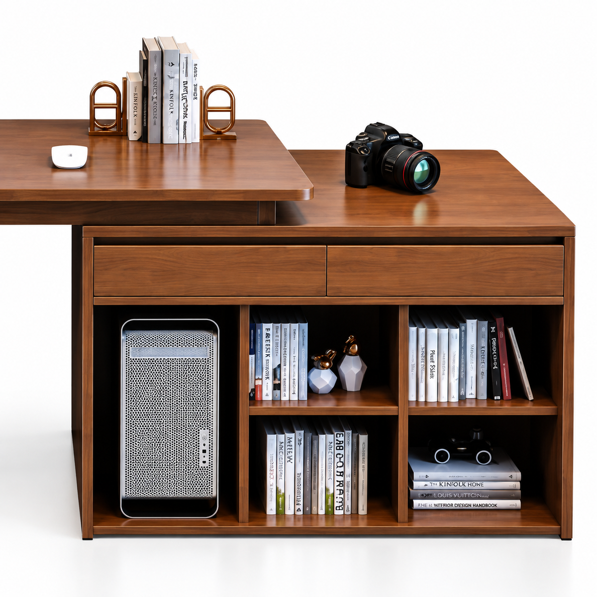Modern Wooden Computer Table and Study Desk with Side Storage, Open Bookshelves and Drawer for Home Office and Workstation