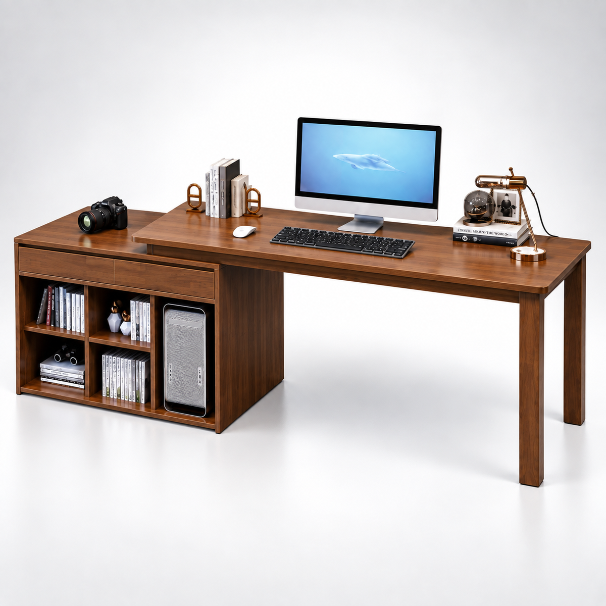 Modern Wooden Computer Table and Study Desk with Side Storage, Open Bookshelves and Drawer for Home Office and Workstation