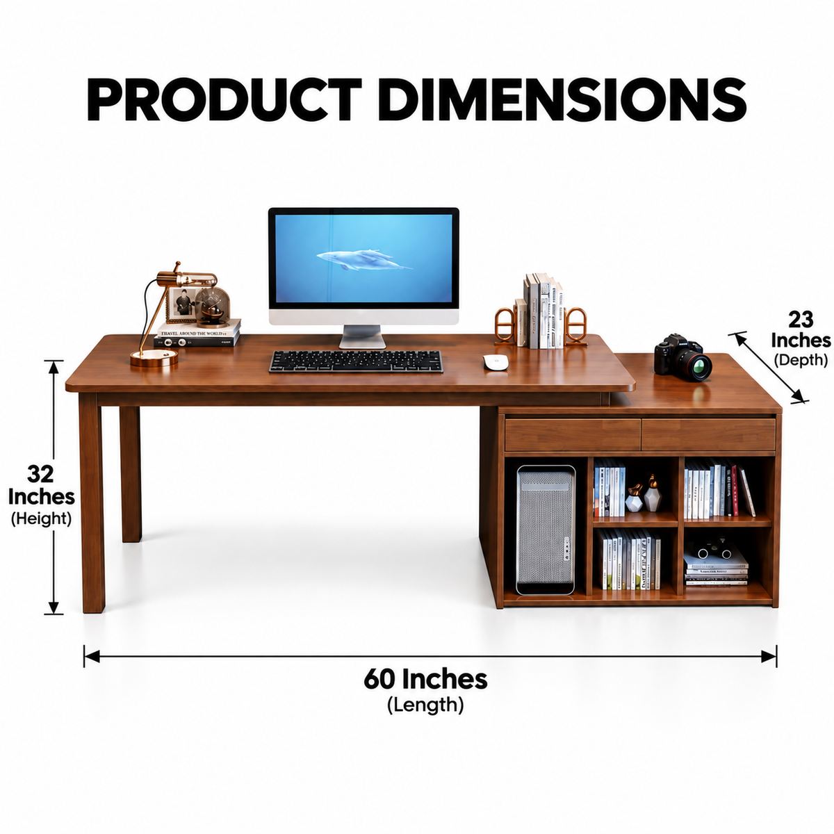 Modern Wooden Computer Table and Study Desk with Side Storage, Open Bookshelves and Drawer for Home Office and Workstation