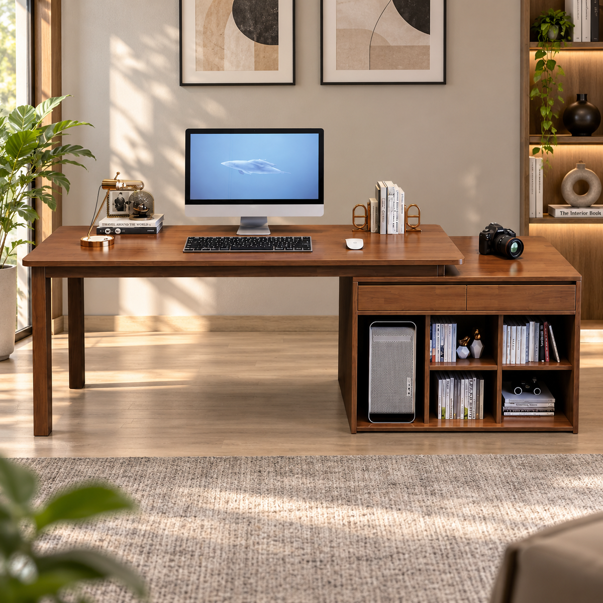 Modern Wooden Computer Table and Study Desk with Side Storage, Open Bookshelves and Drawer for Home Office and Workstation