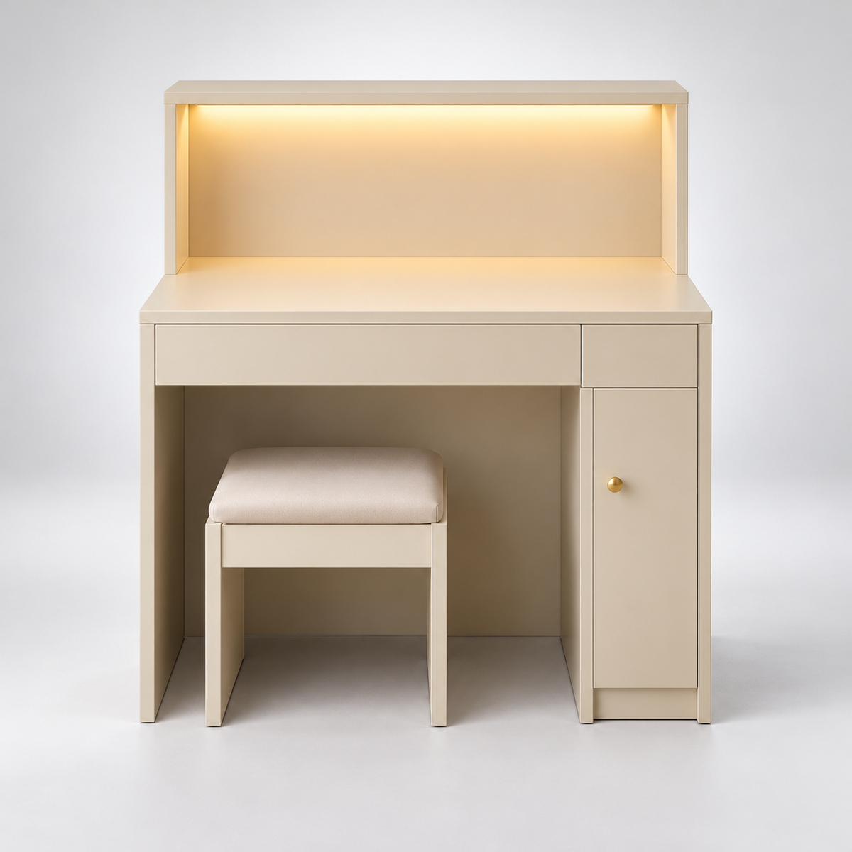 Modern Multifunctional Dressing Cum Study Table with LED Lighting, Storage Drawer, Side Cabinet, Open Shelves & Stool for Bedroom