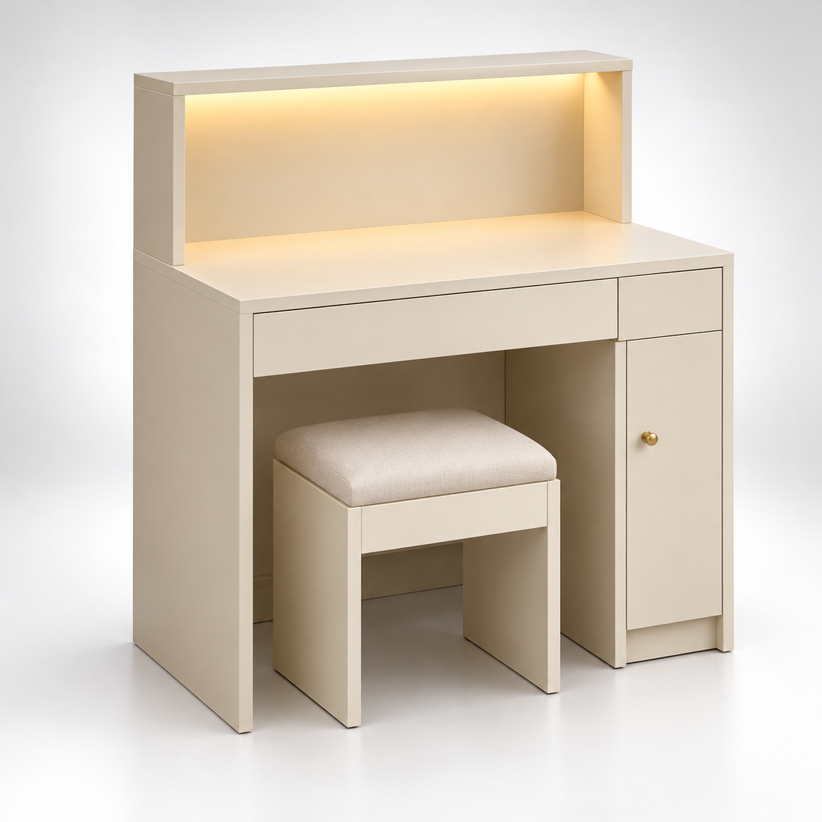 Modern Multifunctional Dressing Cum Study Table with LED Lighting, Storage Drawer, Side Cabinet, Open Shelves & Stool for Bedroom