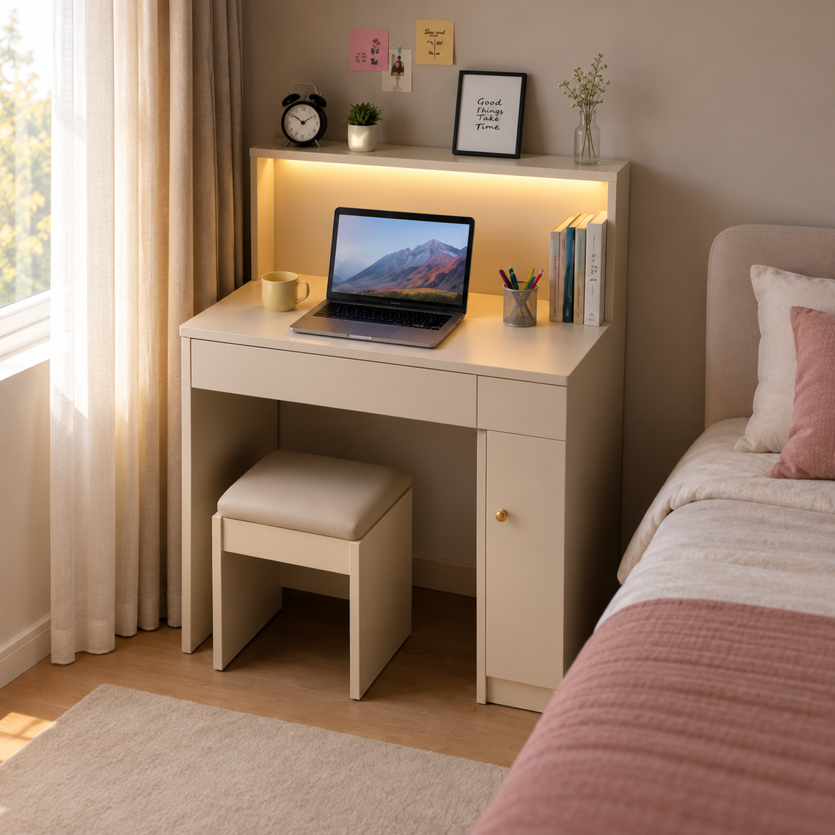 Modern Multifunctional Dressing Cum Study Table with LED Lighting, Storage Drawer, Side Cabinet, Open Shelves & Stool for Bedroom
