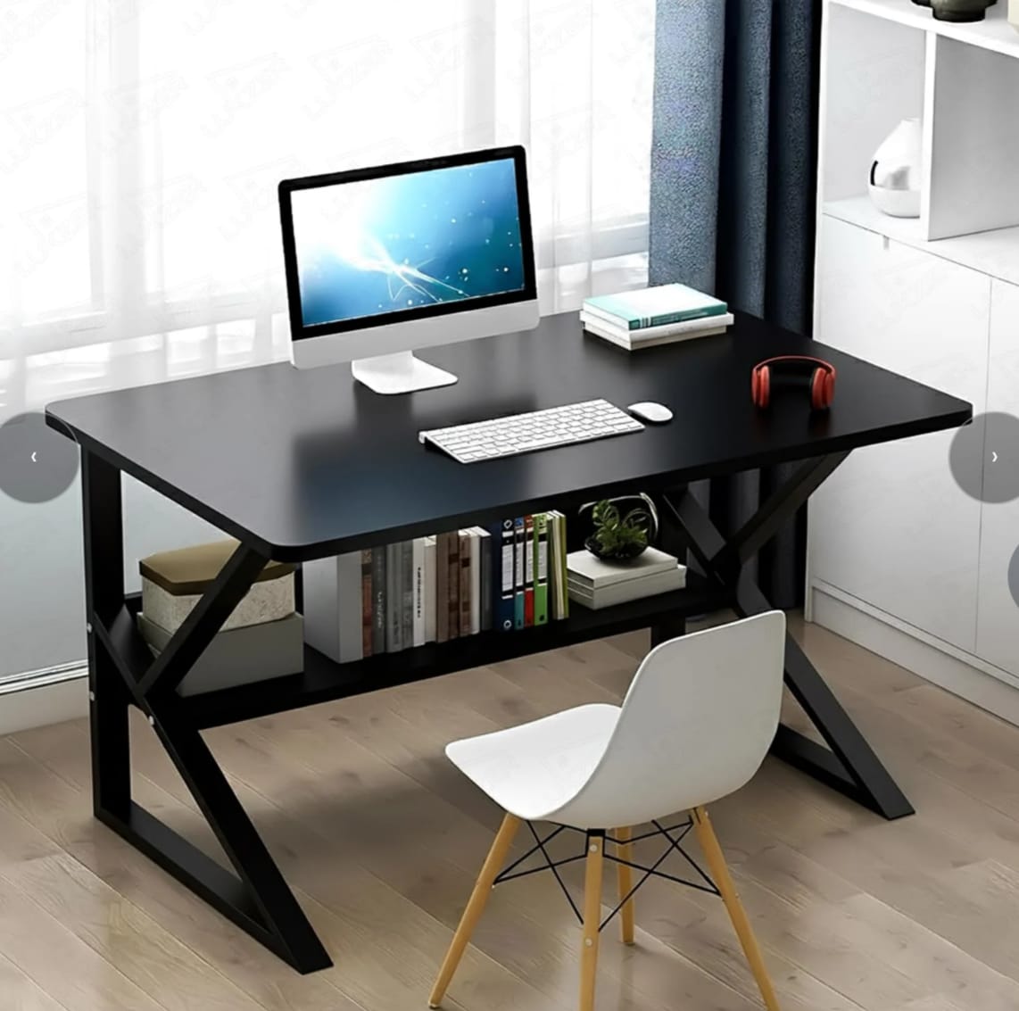 Modern Computer Study Table with Spacious Worktop, Open Storage Shelf, X-Shaped Metal Legs & Space-Saving Design for Home and Office