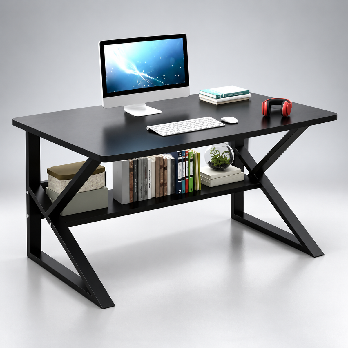 Modern Computer Study Table with Spacious Worktop, Open Storage Shelf, X-Shaped Metal Legs & Space-Saving Design for Home and Office