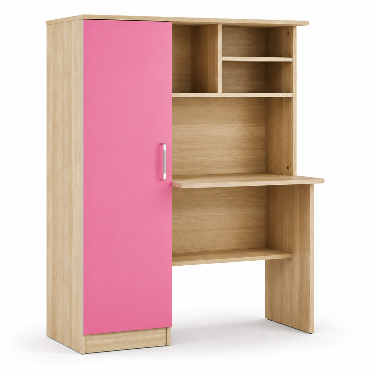 Kids Study Table with Wardrobe and Open Shelves, Pink Door, Wooden Finish for Kids Bedroom, Study Room